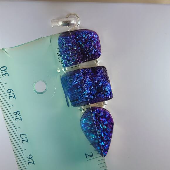 Purple Druzy Quartz Sterling Silver Pendant 2.5" Iridescent Triple Drop - Picture 6 of 13